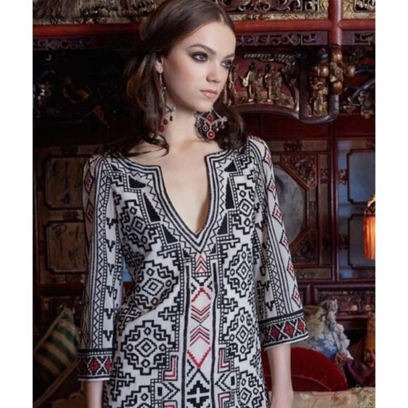Alice & Olivia Lowell Embroidered Aztec Popover Bohemian Chiffon Tunic, sz S - Picture 2 of 11